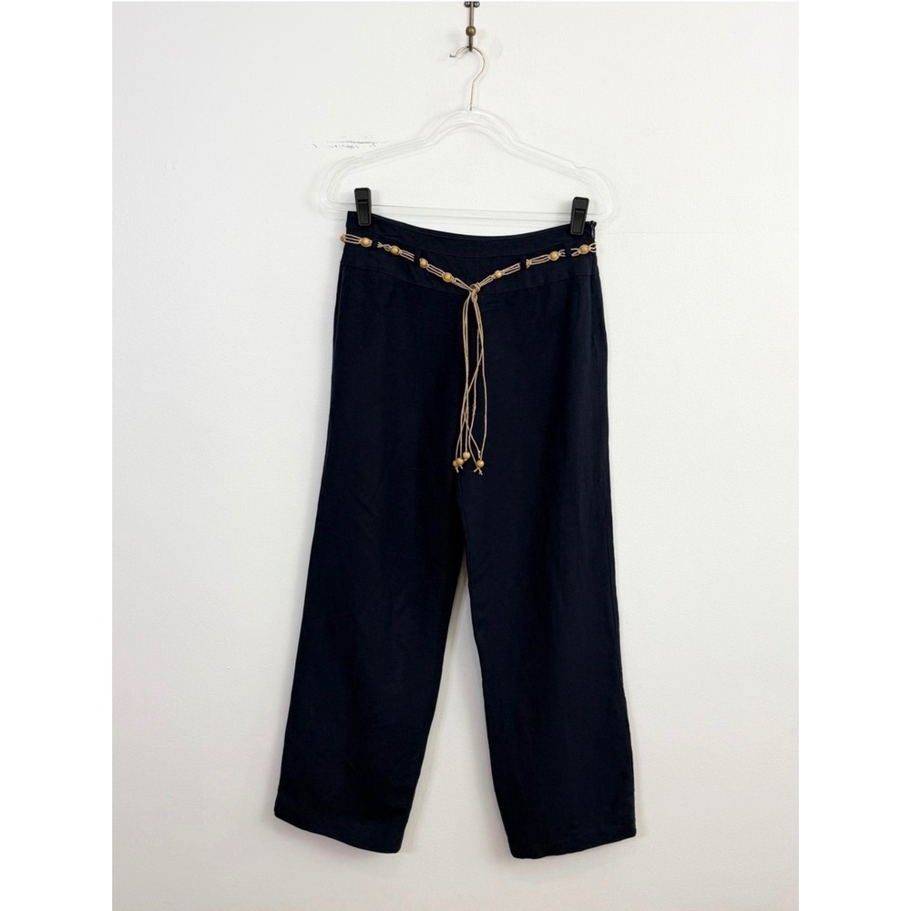 Vintage Y2K Pantology Navy Linen Blend Wide Leg Pants Beaded Tie Belt Size 10